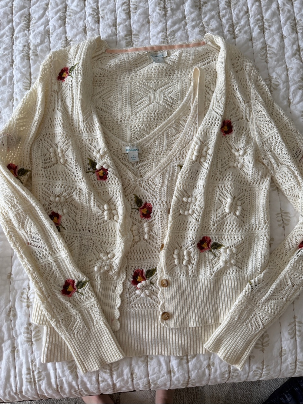 Sundance Cream Crochet Cardigan with Red Floral Embroidery